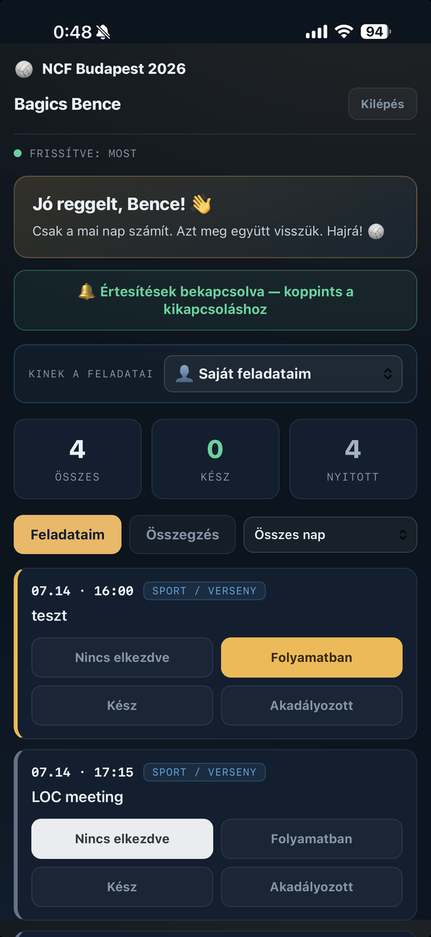 A napi feladatkezelő a telefonon — feladatok és állapotgombok